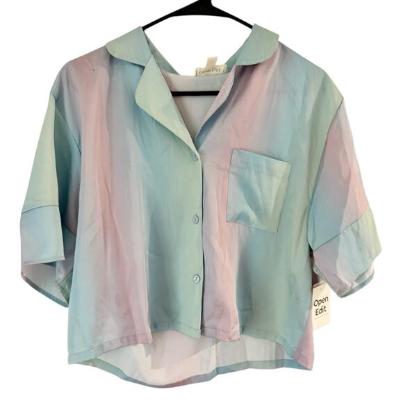 NWD Open Edit Rainbow Satin Short Sleeve Button Front Cropped PJ Top Size XS - Picture 1 of 5